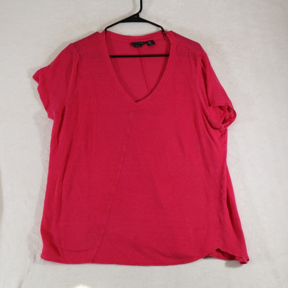 Tahari Women's 1X Pink 100% Linen V-Neck Short Sleeve Top Solid